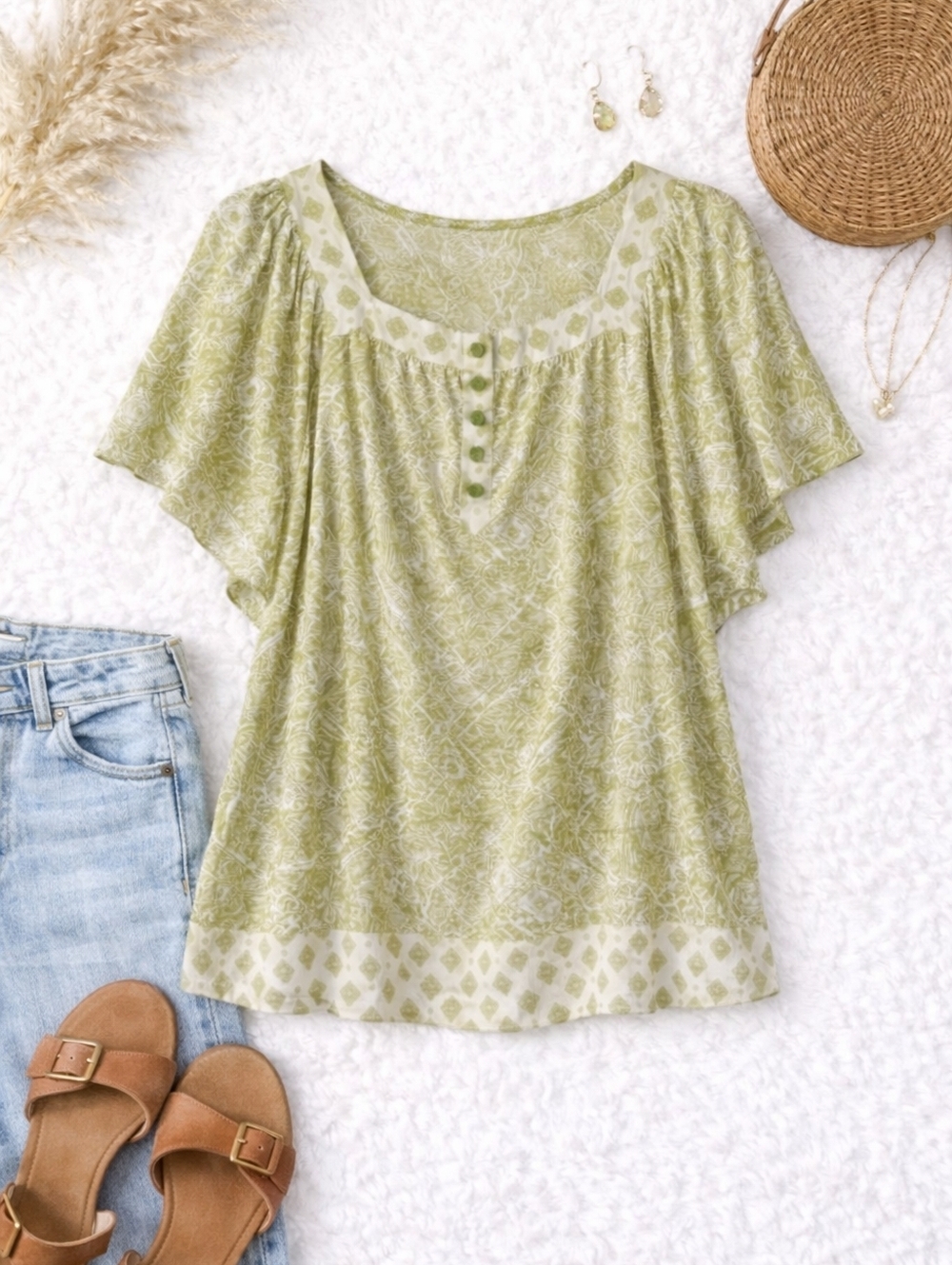 Women's Olive Green Printed Blouse - Casual Boho Floral Pattern PTP 24
